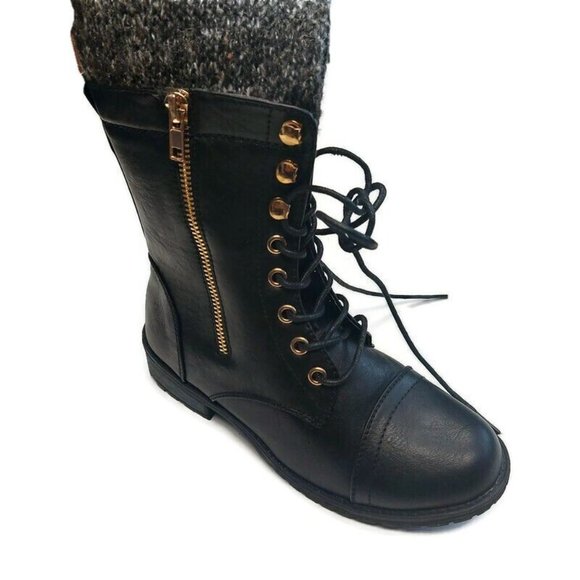 Forever Link Shoes - Forever Link Mango-31 Round Toe Military Knit Ankle Cuff Low Heel Boots Womens 6